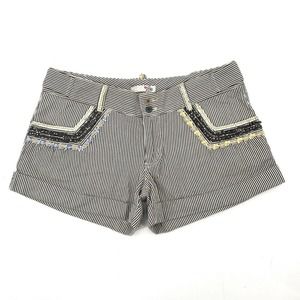Joie Black White Seersucker Striped Embellished Cuffed Shorts